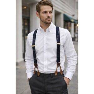 Trafalgar Men's Suspenders Navy Pattern Leather Tabs Made in England